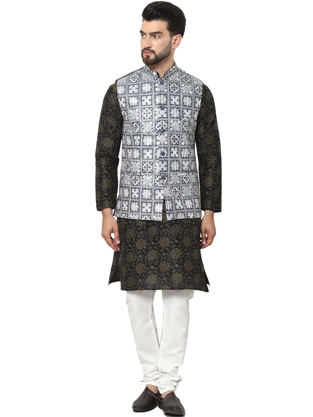 SOJANYA (Since 1958 Men's Silk Blend Printed Black Kurta and White Pyjama with Embroidered Grey Nehru Jacket