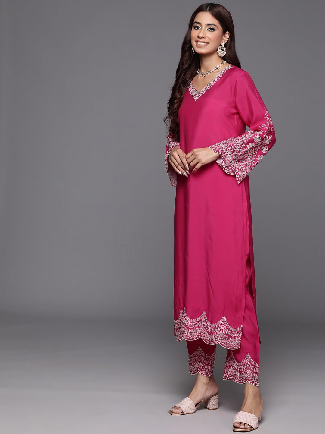 Varanga WomenS Silk Straight Salwar Suit Set Vibrant Pink With Intricate Embroidery, Perfect For Festivals, Parties, Weddings,