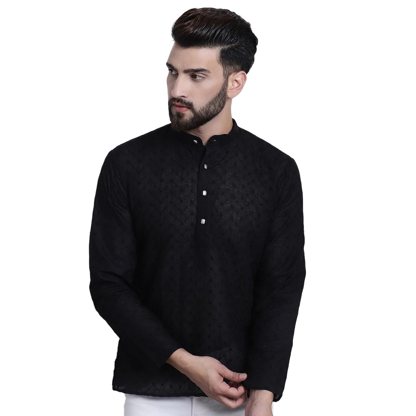 SOJANYA (Since 1958, Mens Cotton Black Color Chikankari ONLY Short Kurta