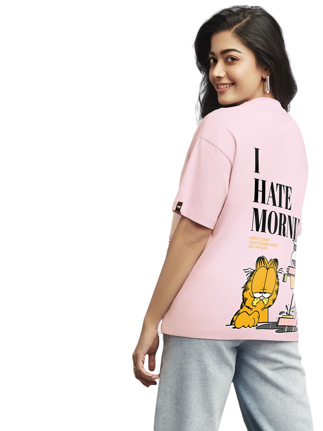 Bewakoof Womens Cotton Garfield Hates Mornings Graphic Printed T Shirt- Oversized Fit, Round Neck, Half Sleeves_585774_Pink_M
