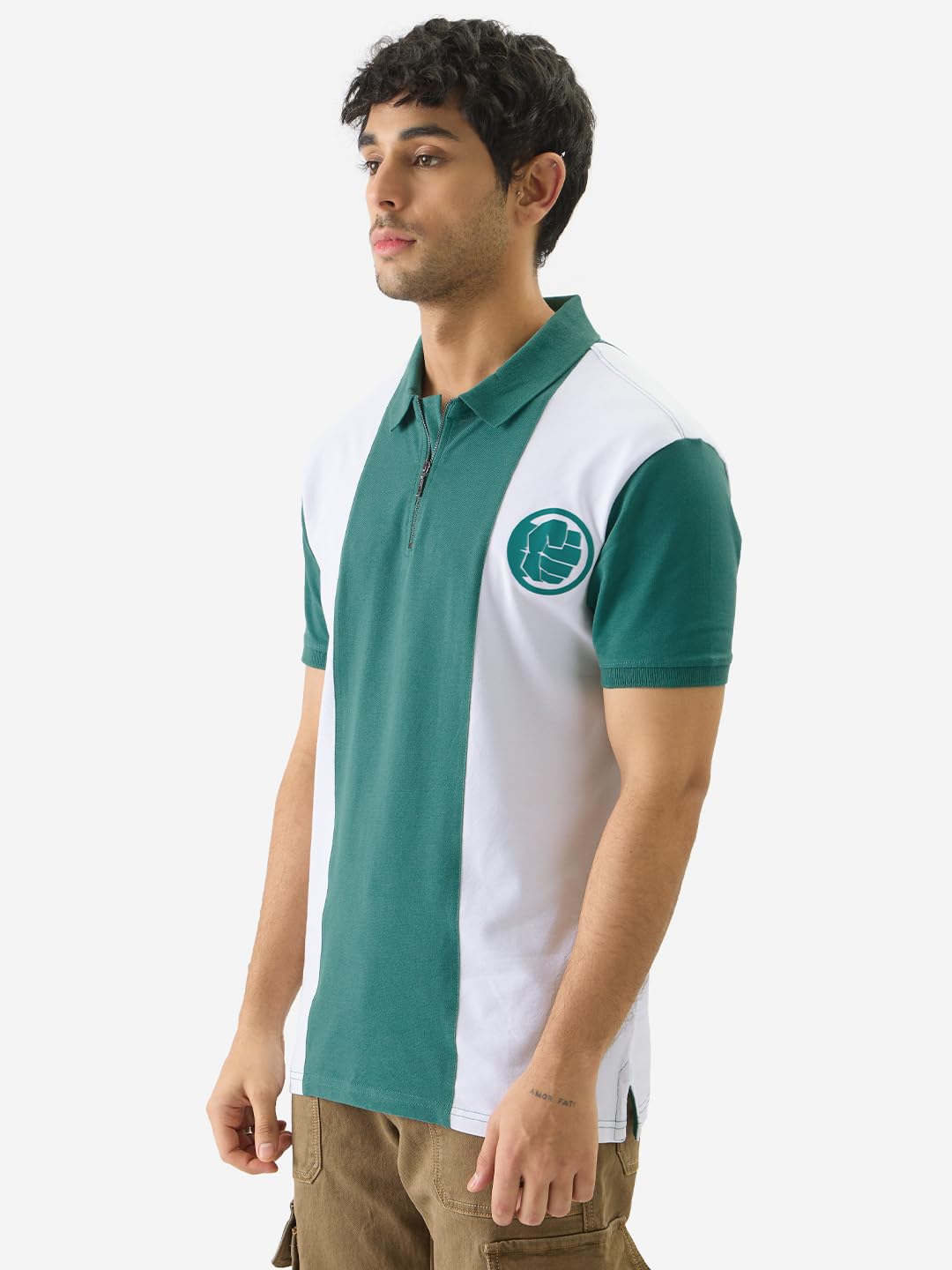 The Souled Store Official Hulk: Logo Colour Block Short Sleeve Collared Neck Green and White Regular Fit Cotton Zipper Polos for