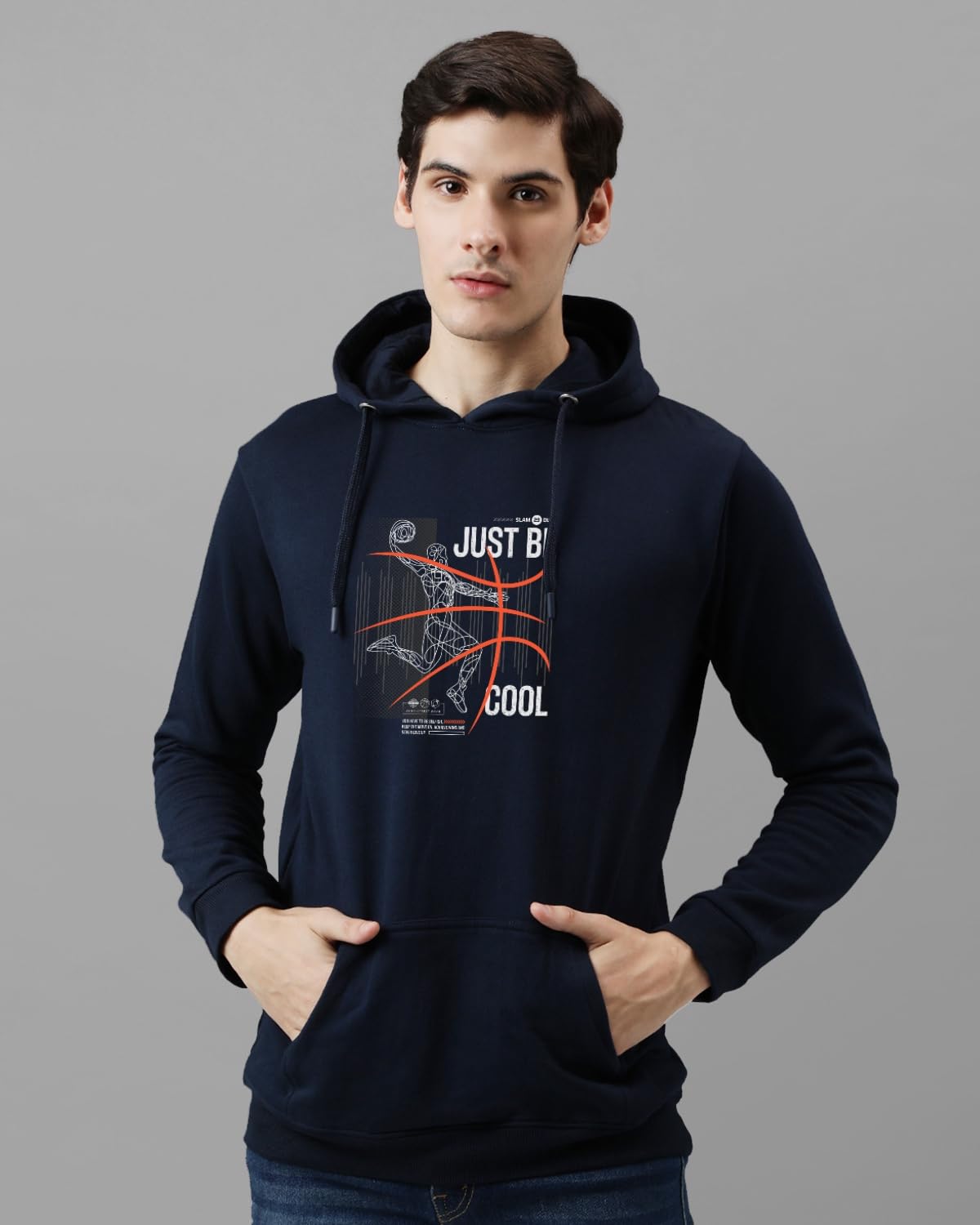 ADRO Mens Cotton Blend Neck Hooded Sweatshirt (H24-BCL-NB_Navy Blue