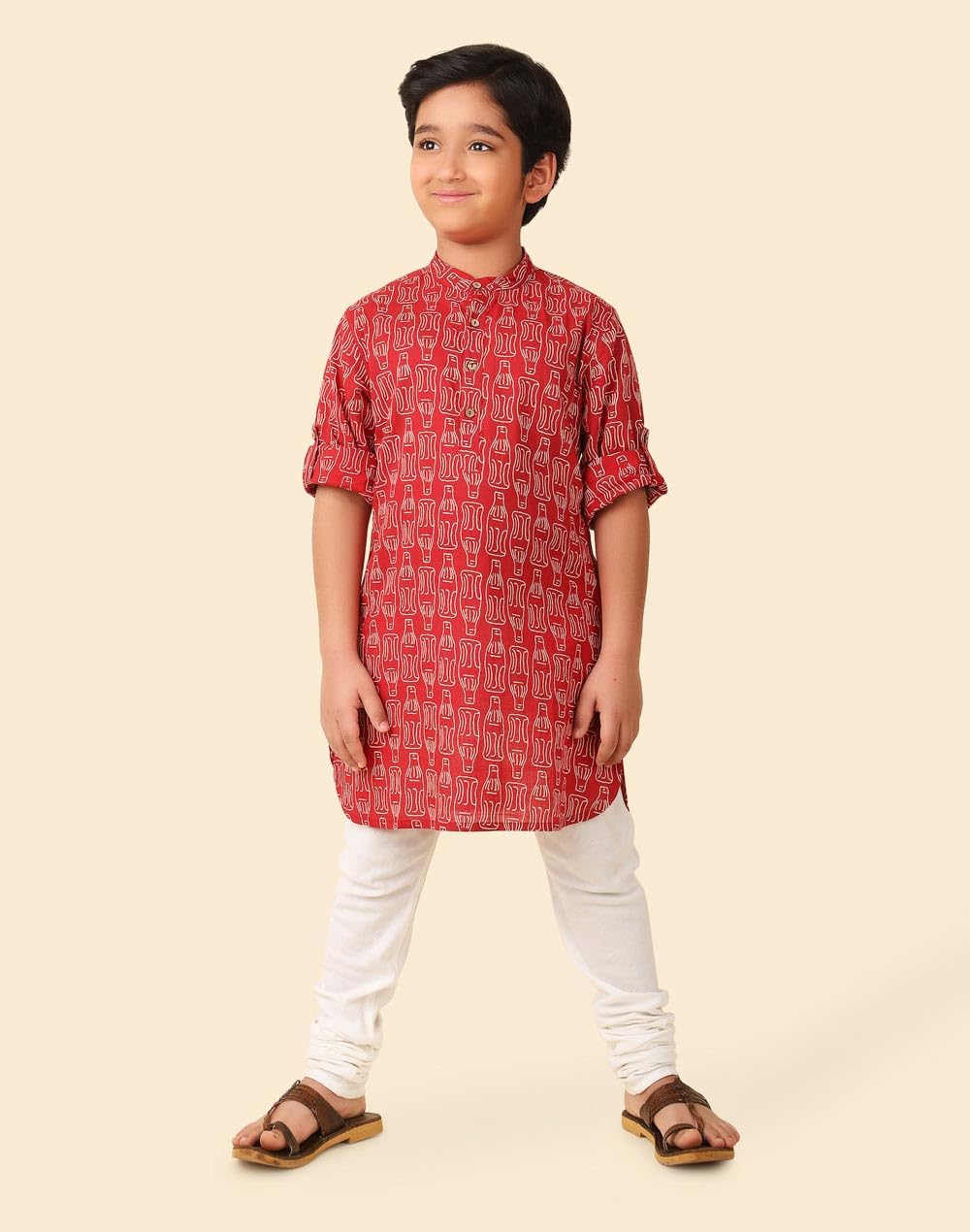 Fabindia Boy's Cotton Printed Regular Fit Long Kurta (1032804RED_Red
