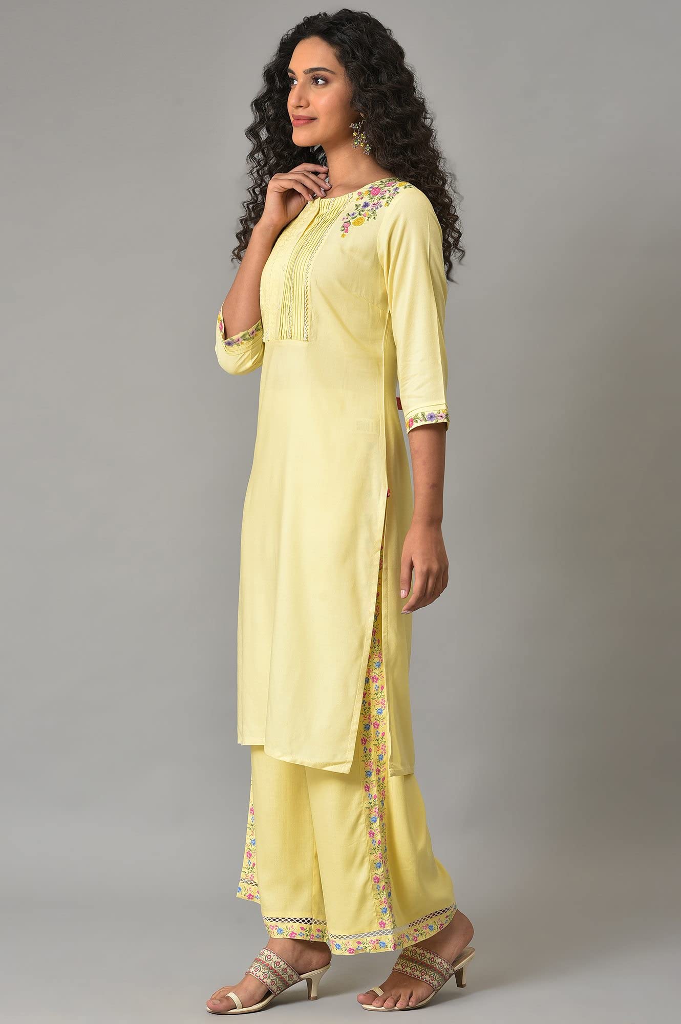 W for Woman Yellow Embroidered Plus Size Summer Kurta with Pleats on Yoke