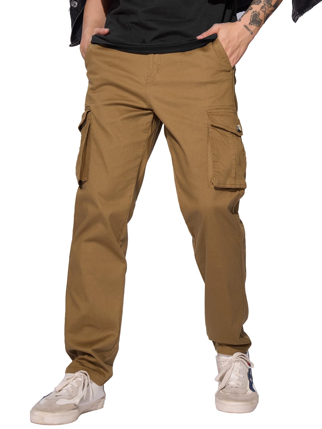 The Souled Store Solids: Rust Men and Boys Buttoned Straight Fit Cotton Cargo Pants