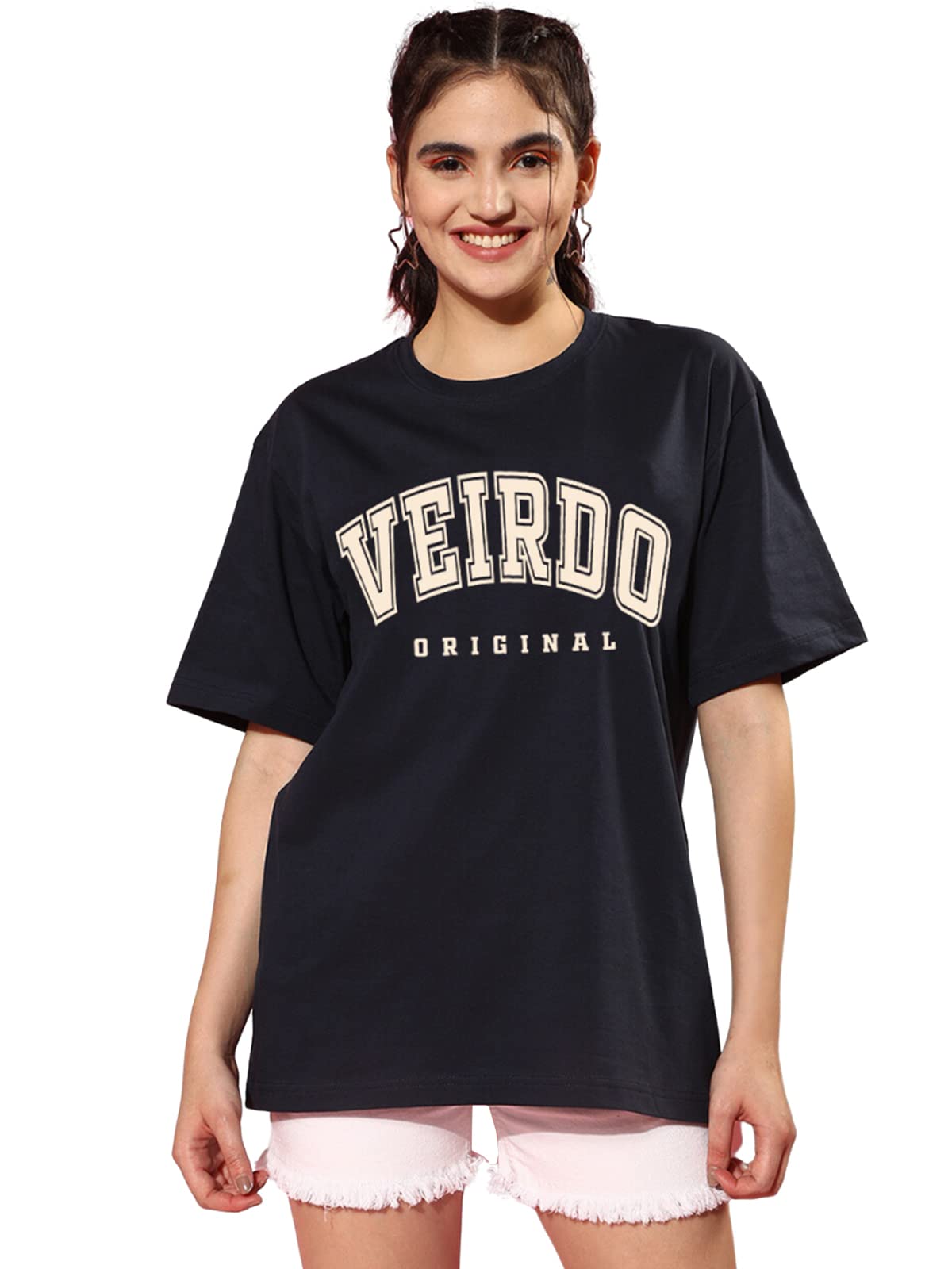 Veirdo Womens Oversized Drop Shoulders Brand Logo Typography Print Round-Neck Relaxed Fit T-Shirt