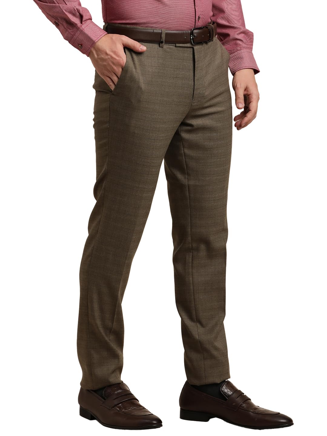 Turtle Men Poly Viscose Stretch Slim Fit Brown Formal Trouser