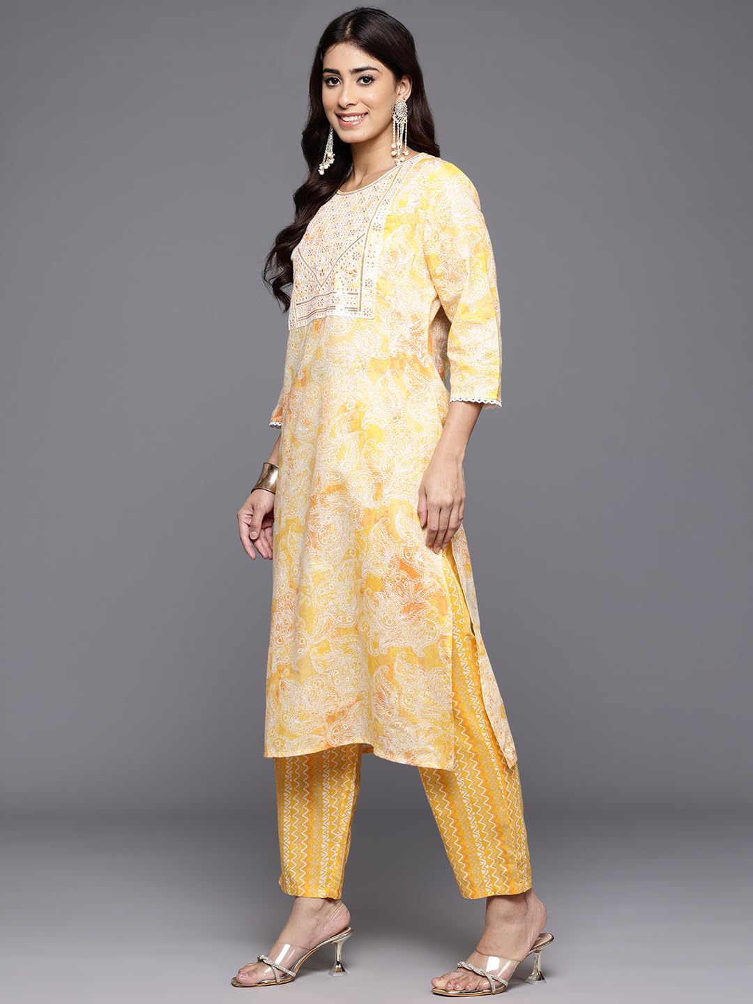Varanga Women Yellow Printed Round Neck Yoke Embroidered Straight Kurta with Bottom and Dupatta