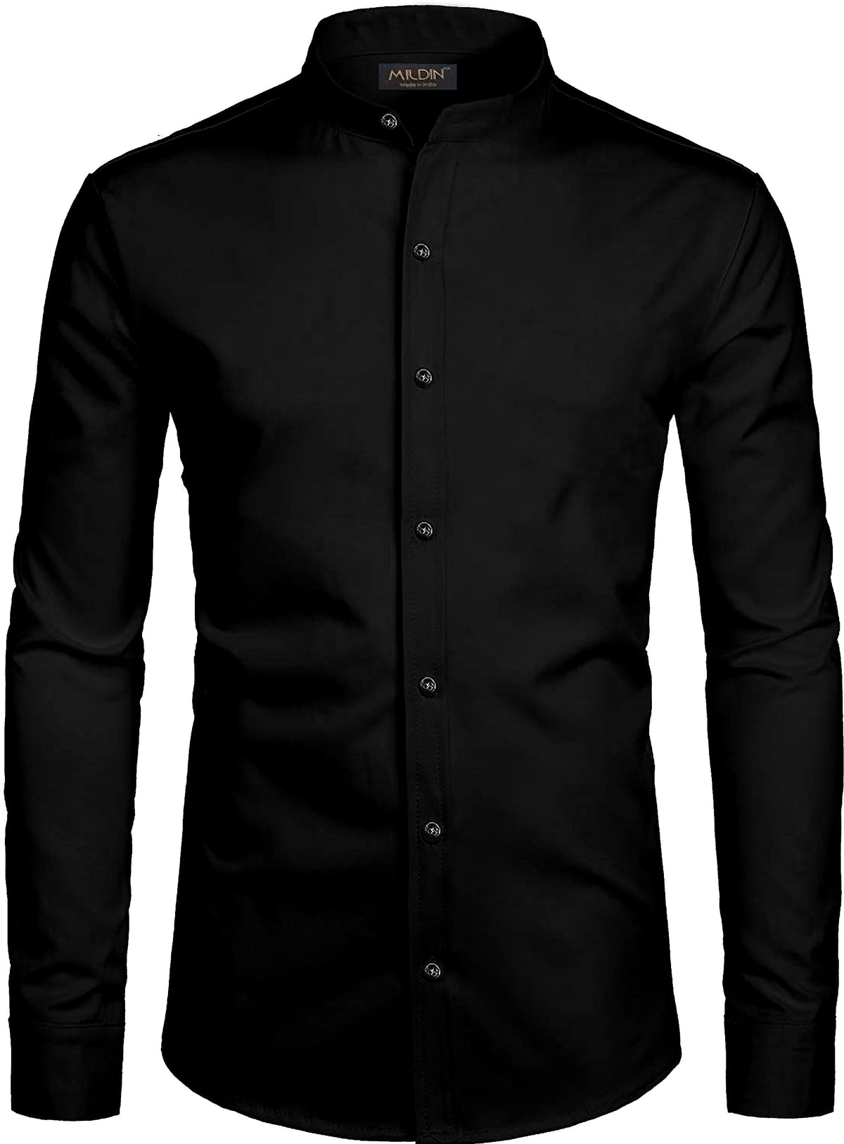 Mildin MenS Regular Cotton Blend Black Slim Fit Solid Button Down Mandarin Chinese Collar Full Sleeve Curved Hemline Casual Shi
