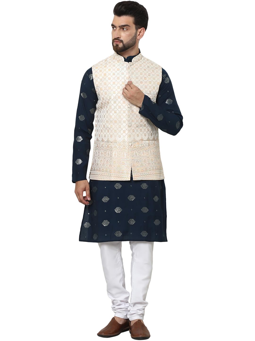 SOJANYA (Since 1958 Men's Cotton Silk Sequinned Embroidered Navy Kurta and White Pyjama With Cream Nehru Jacket