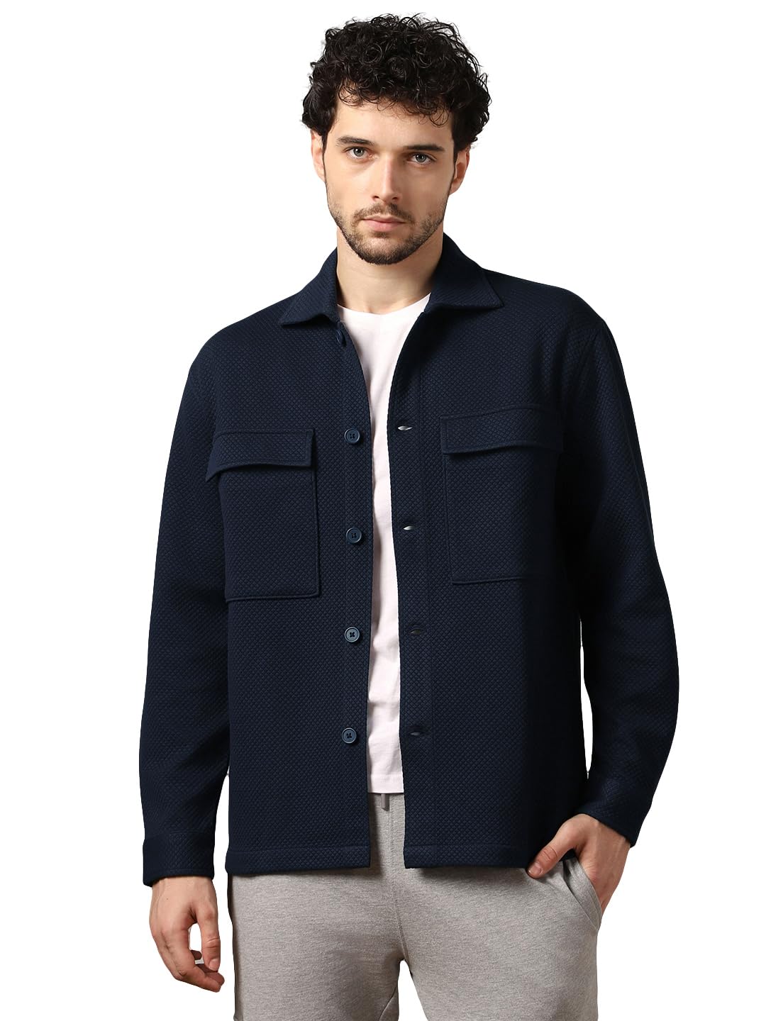 Nobero Polyester MenS Self Design Relaxed Fit Standard Length Jacket (1M-Twjk-R0005_Midnight Blue
