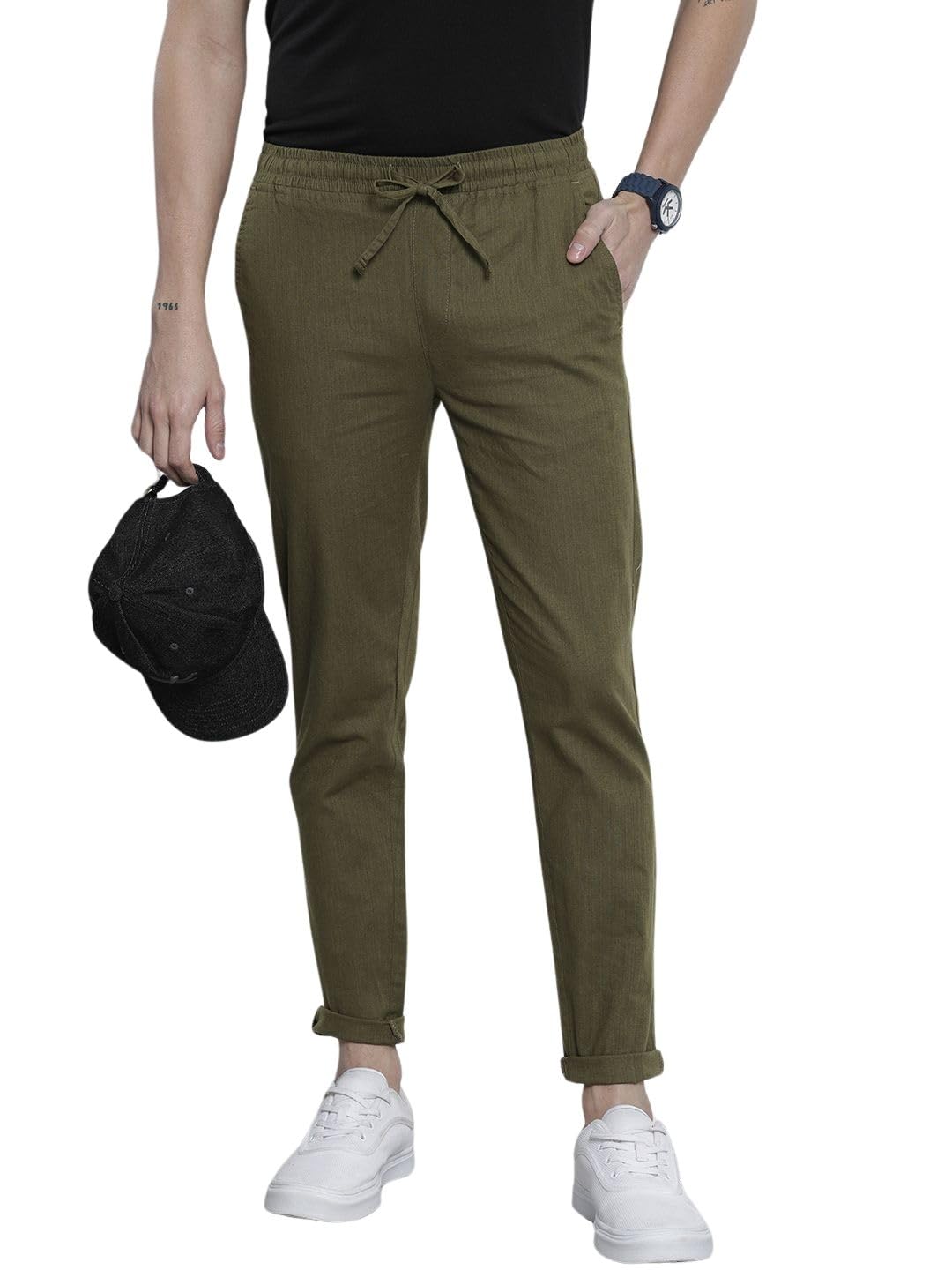 The Indian Garage Co Men Slim Fit Solid Mid-Rise Elasticated Linen Jogger Trouser Ivy Green