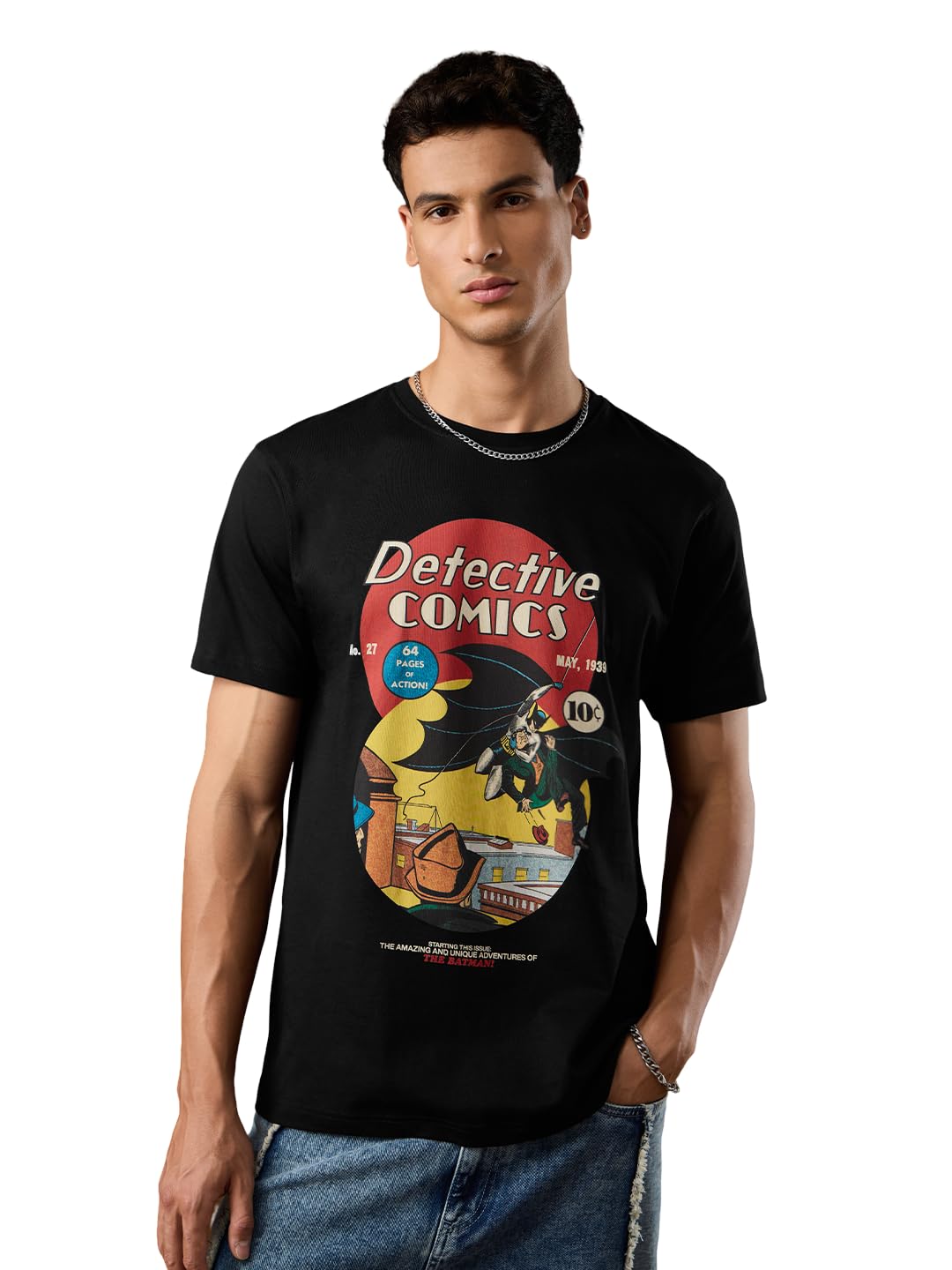 The Souled Store DC Comics: Detective Comics Men and Boys Short Sleeves Round Neck Black Graphic Printed Cotton Regular Fit Ligh