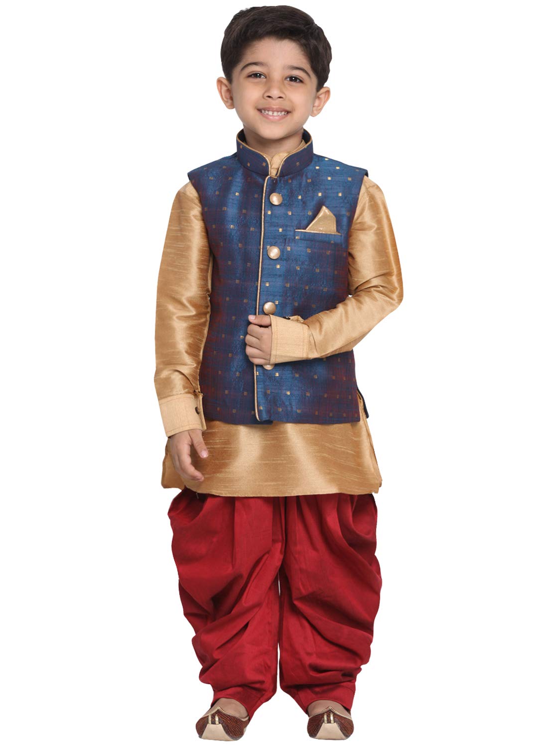 Jbn Creation Boys Silk Blend Rose Gold, Persian Blue And Maroon Kurta Pyjama Jacket Set - Ethnic Elegance For Festivals_Vasnbj00