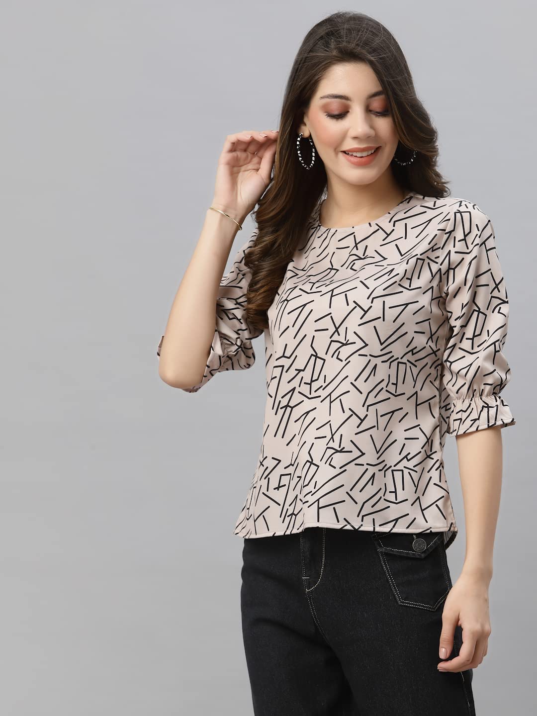 Style Quotient Women Nude and Black Abstract Printed Polyester Smart Casual Top