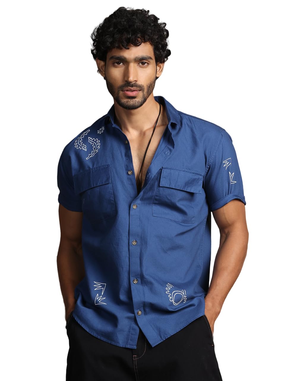 Thomas Scott Short Sleeve Double Pockets Self Printed Casual Shirts for Mens Teal