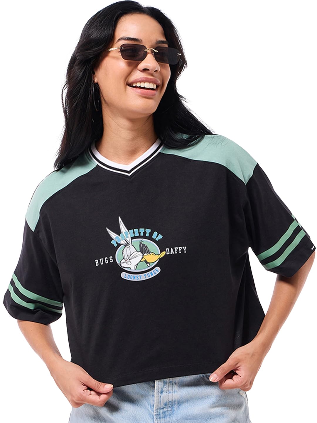 Bewakoof Official Looney Tunes Merchandise Bugs & Daffy Womens Graphic Printed Oversized Fit Half Sleeve V-Neck Pure Cotton T-S