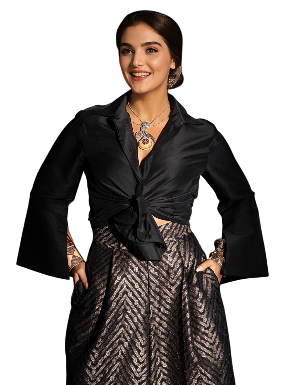 Ishin WomenS Black & Gold Festive Crop Knot Top With Flared Brocade Trousers