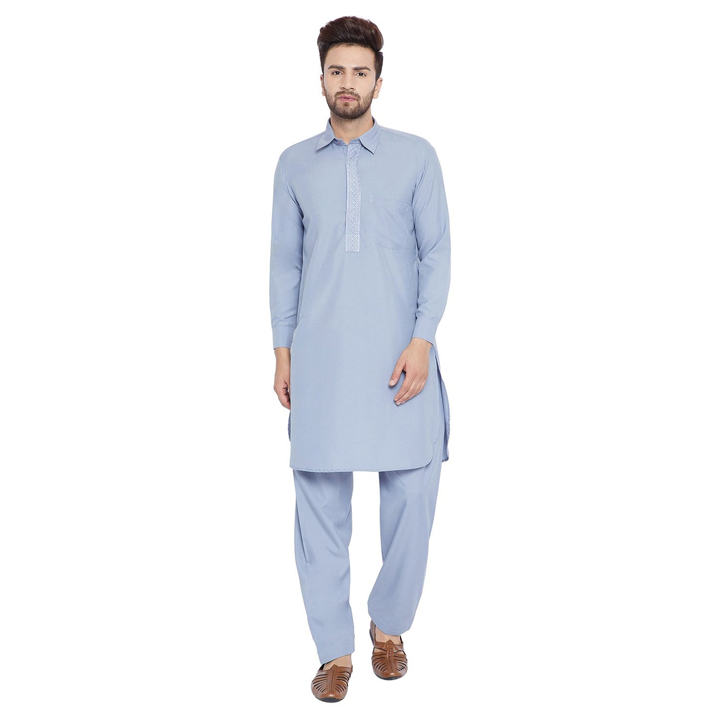 SOJANYA (Since 1958 Men's Grey Cotton Blend Pathani Kurta Sets