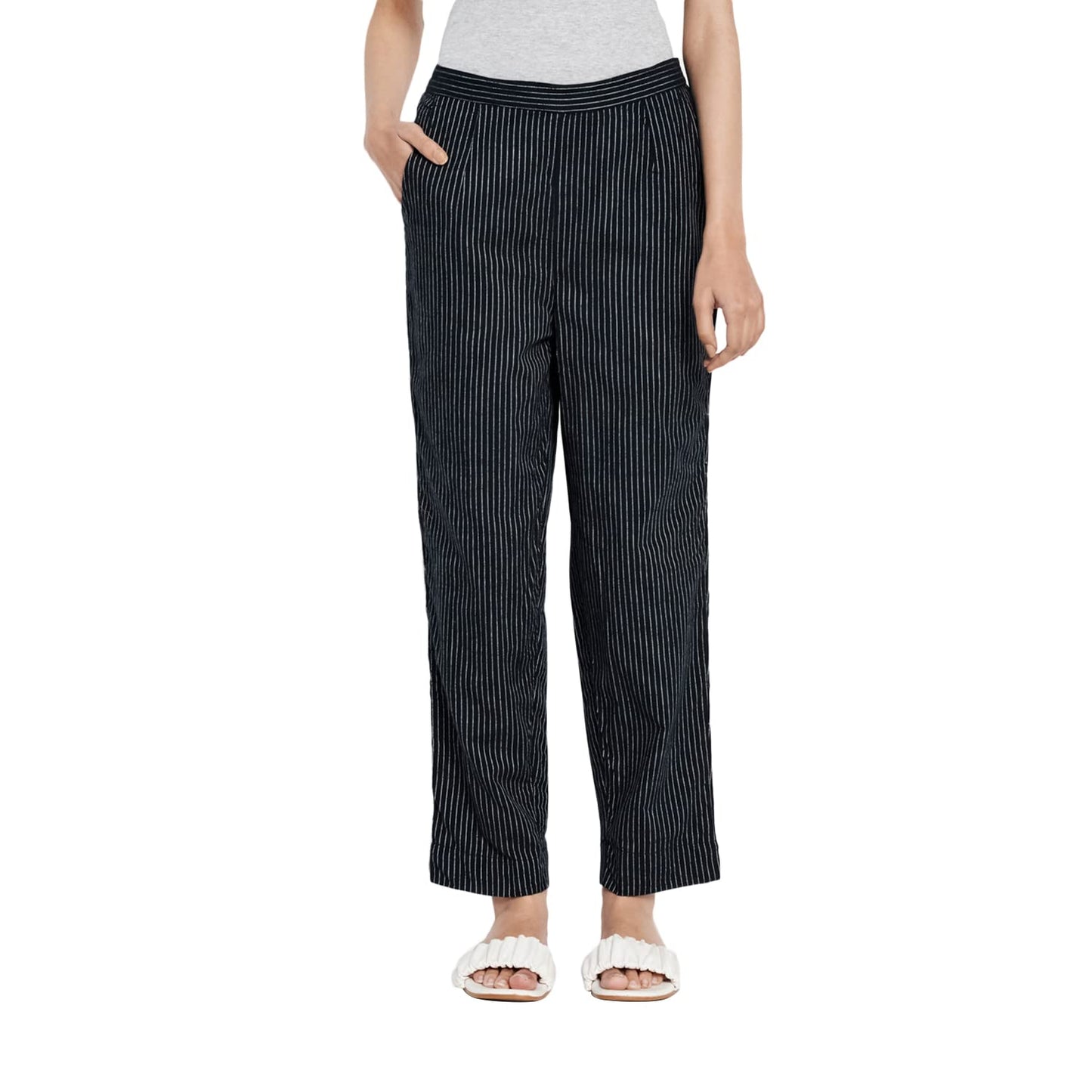 Fabindia Women Striped Casual Pants Cotton_S Black