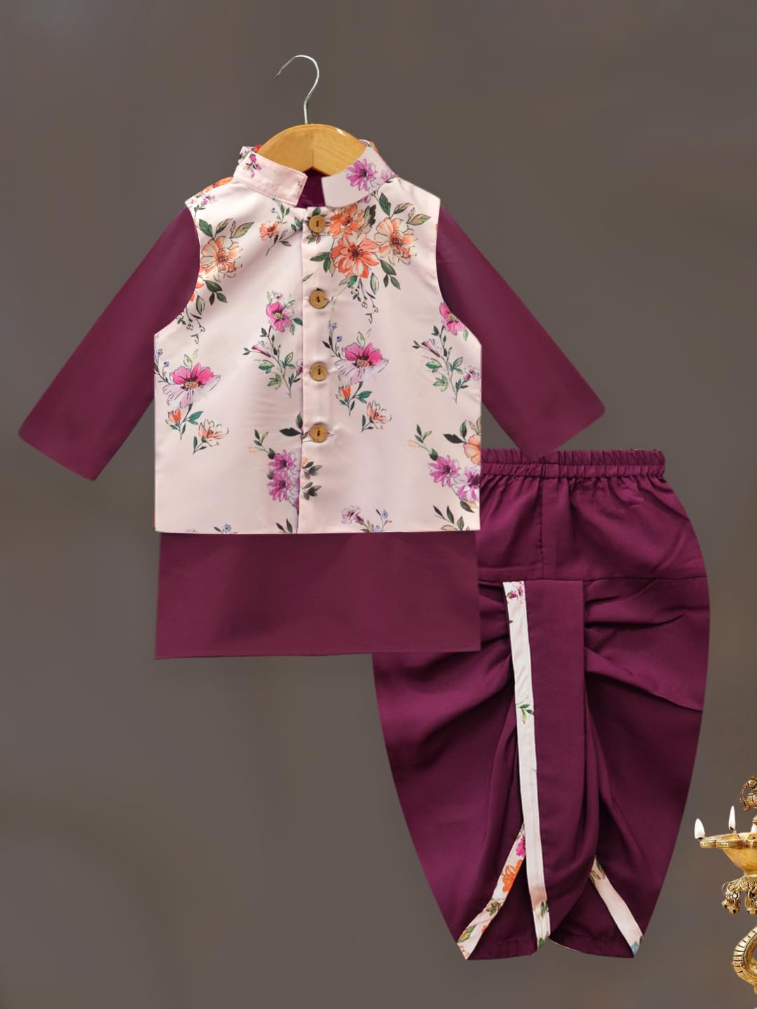 A.T.U.N. (All Things Uber Nice) Boys Wine Kurta Dhoti With Floral Printed Nehru Jacket (3 Piece Set)