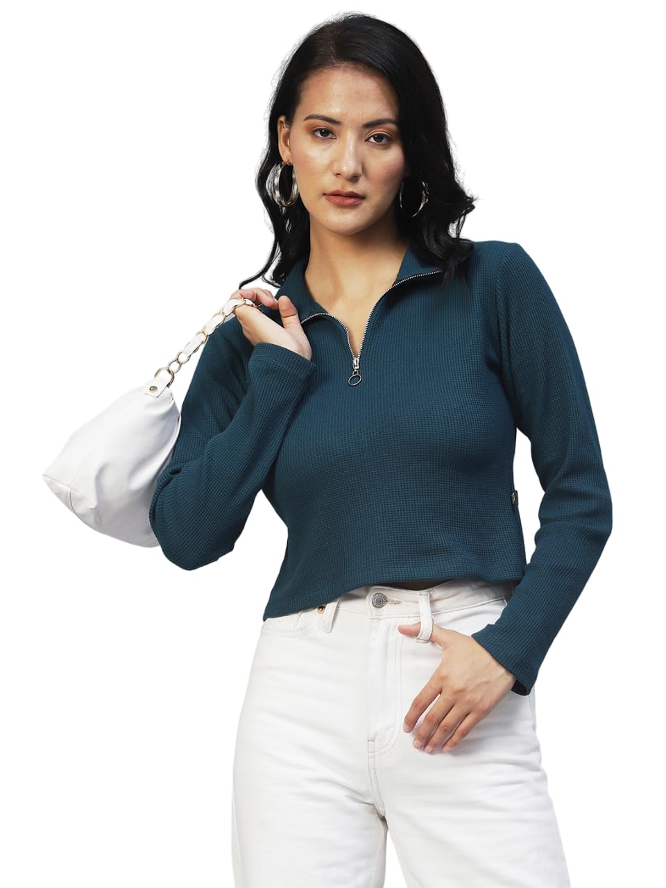 Rigo Waffle Knit Top for Women | High Collar Zipper Top for Women | Long Sleeves, Western Crop Tops for Women | Stylish Top for