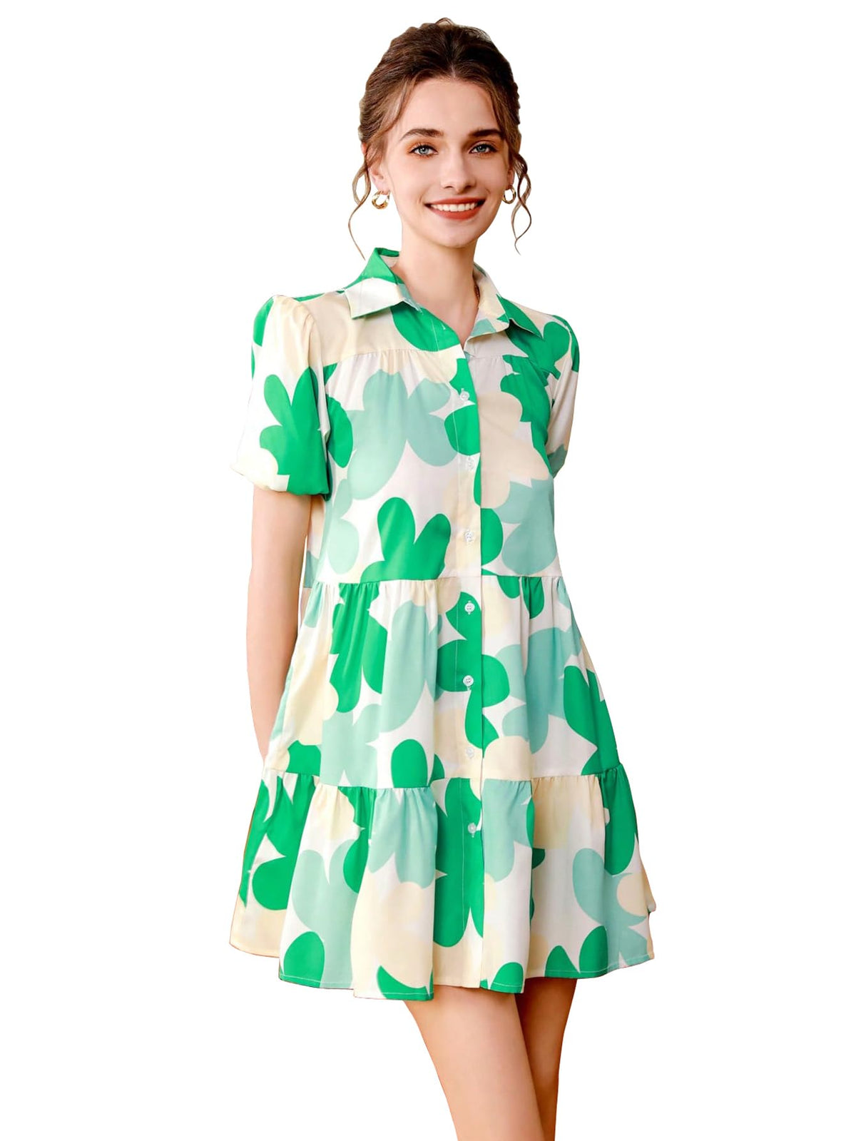 Shasmi WomenS Green Flower Print Short Sleeve Button Front All-Over Printed Dresses, Ruffle Hem Smock Dress For Woman (161 Dres