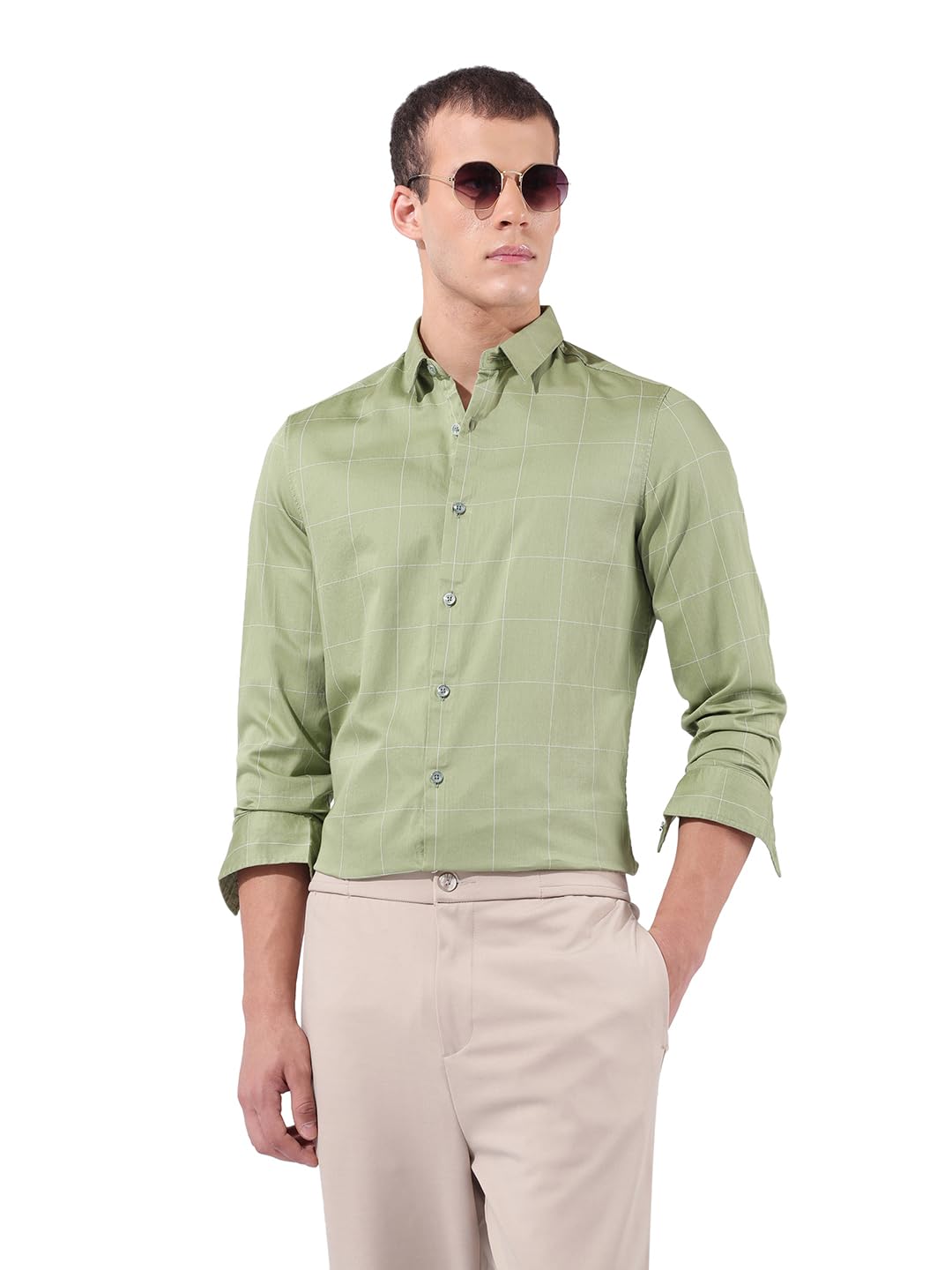 The Indian Garage Co Mens Slim Fit Checkered Cutaway Collar Long Sleeves Party Shirt