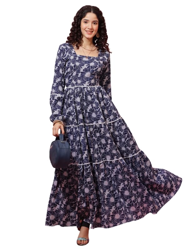 Sheetal Associates WomenS Navy Blue Floral Printed Tiered Fit & Flare Maxi Dress| Comfortable Relaxed Fit Summer Dress