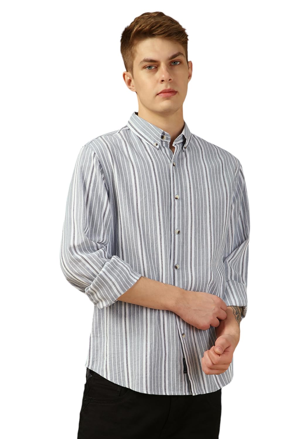 Dennis Lingo Men Blue Stripes Relaxed Fit Full Sleeve Button Down Collar Shirts