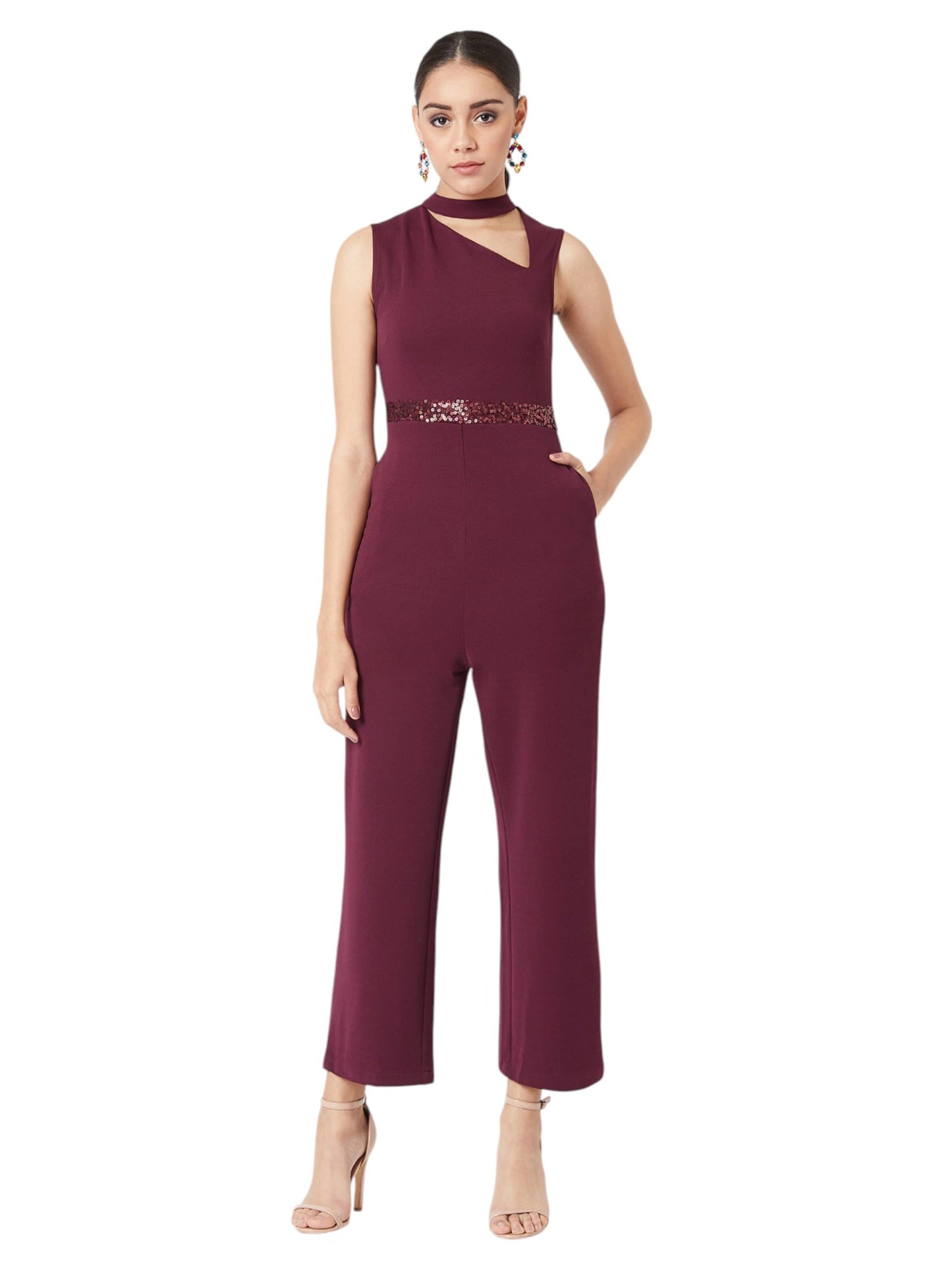 Miss Chase Womens Sleeveless Neck Cut-Out Regular Length Jumpsuit (MCSS24D97-40-184-06, Maroon, XL)