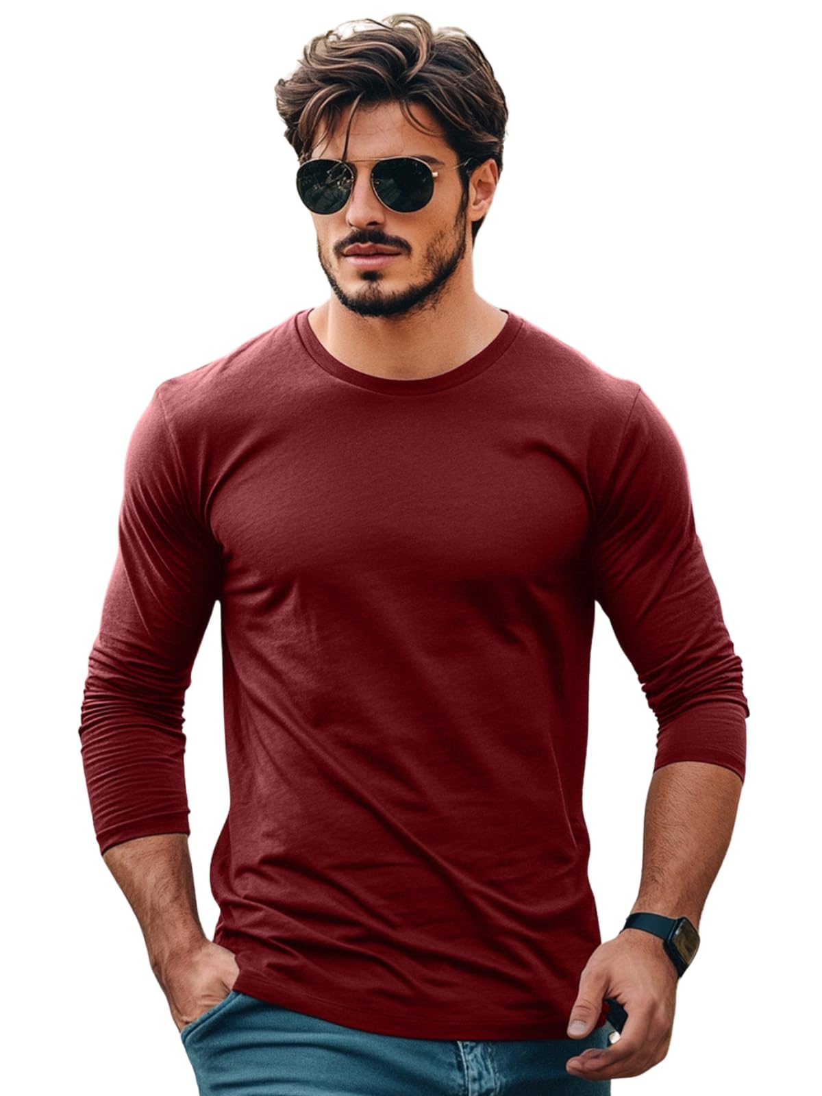 Veirdo Mens Cotton Regular Fit Solid Marron Full Sleeve T-Shirt