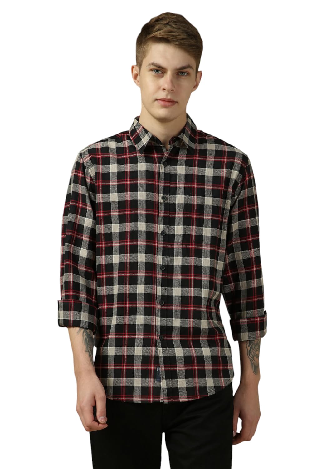 Dennis Lingo Men Checks Full Sleeve Spread Collar Shirts Black