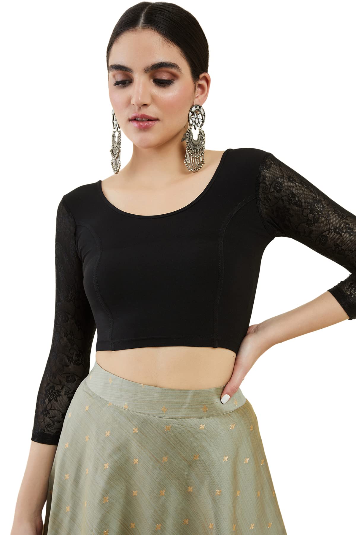 Soch Womens Black dex Princess Cut Blouse With Floral Sleeves