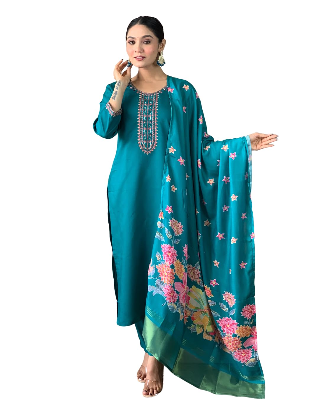 Shiv Textiles Embroidery Rama Kurta Trousers With Dupatta Striped Viscose Silk Blend Three-Quarter Sleeves Kurta Sets For Womens