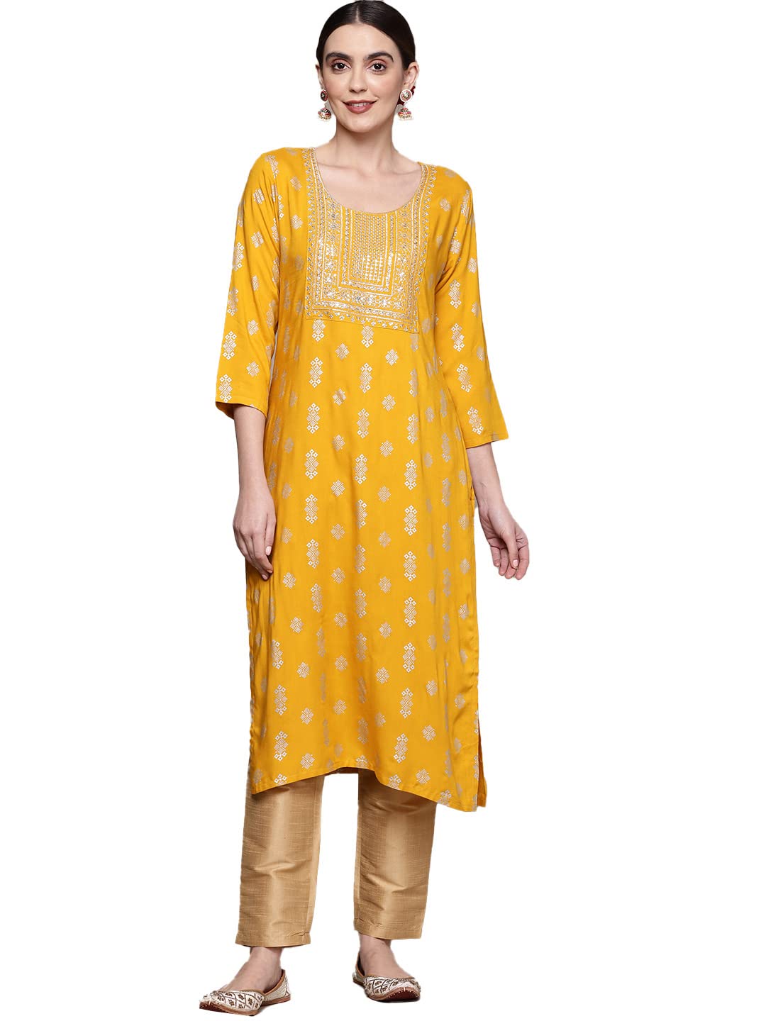 anubhutee Women's Mustard Zari Embroidered Ethnic Motifs Printed Kurta