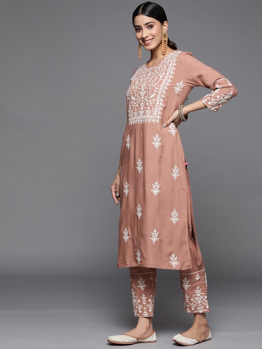Varanga Women Mauve Embroidered Kurta Paired With Tonal Trouser And Dupatta Elegant & Comfortable Ethnic Wear For Women, Perfec