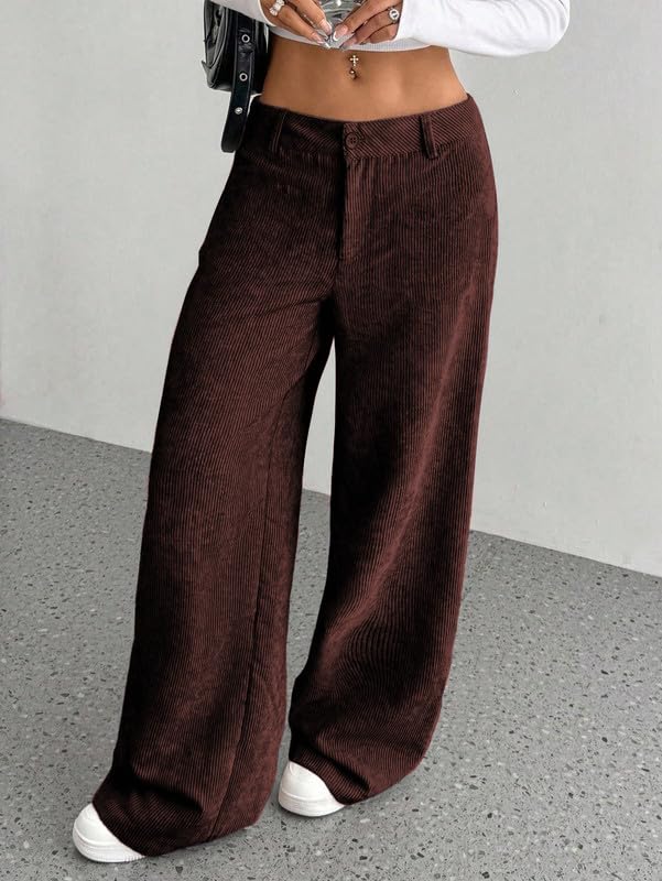 SMOWKLY Womens Aesthetic Cotton-Blend Wide Leg Pants with Pocket || Loose Comfy Elastic Waist Corduroy Textured Casual Work Tro