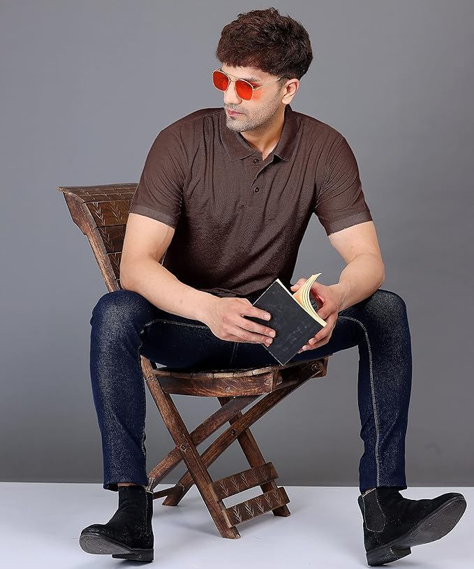 Baghadbillo MenS Regular Fit Solid Polo Half Sleeve T-Shirt Brown