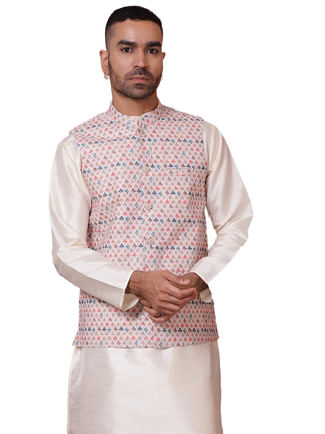 Jompers Mens Multi Floral Printed And Embroidered Nehru Jacket