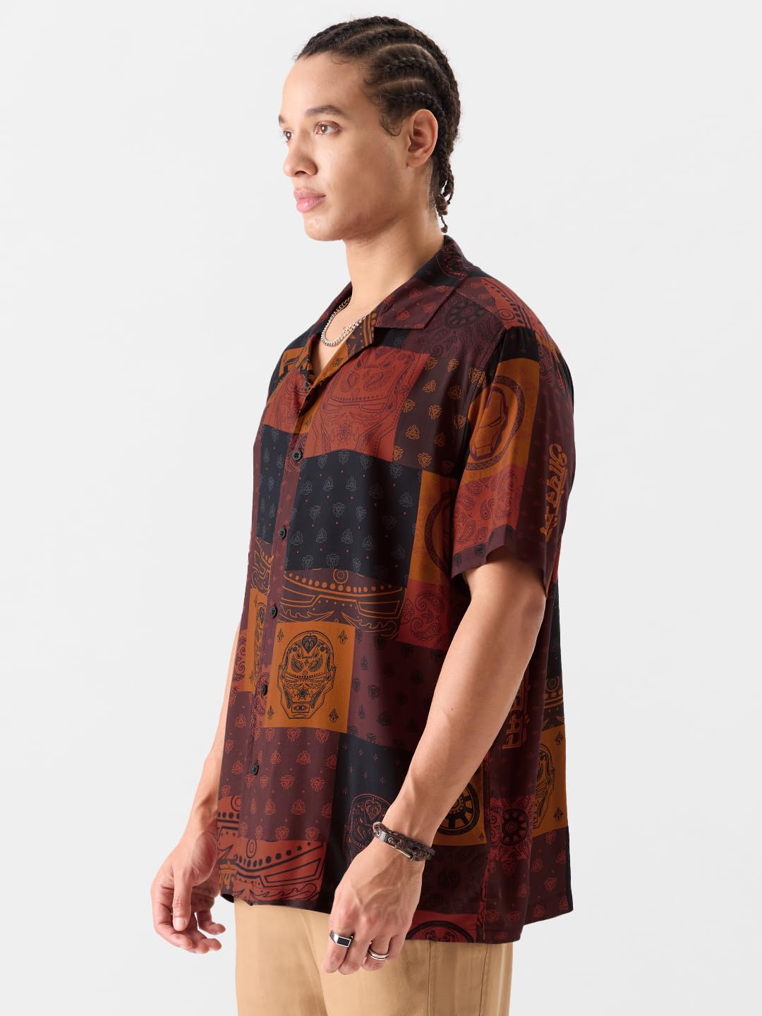 The Souled Store Official Iron Man: Pattern Men and Boys Short Sleeves Collared Neck Button Front Red All Over Printed Regular F