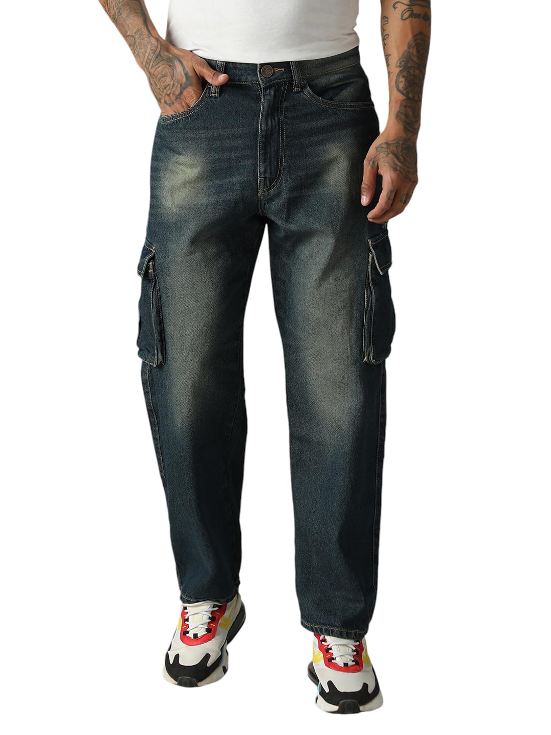 Hubberholme Men Washed Cotton Relaxed Fit Mid- Rise Jeans 16 Blue