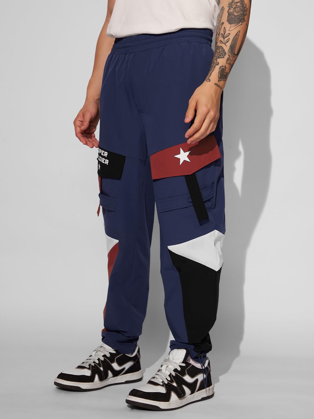 The Souled Store Official Captain America: Super Soldier Men and Boys Drawstringed Blue Baggy Fit Cargo Joggers