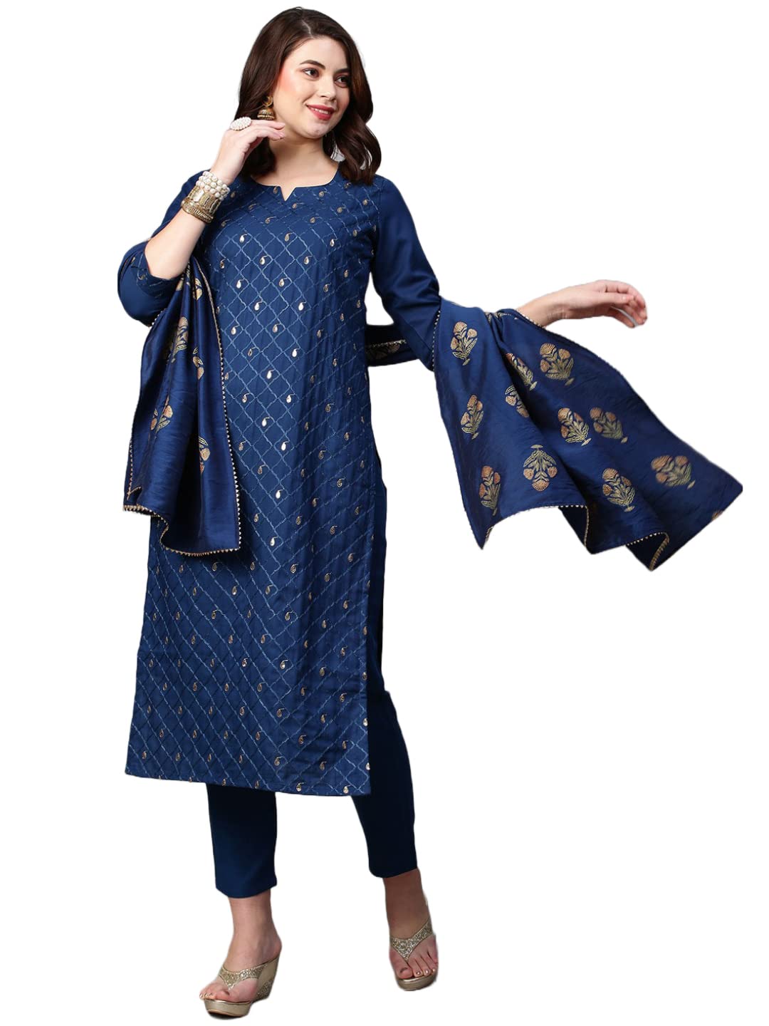 ANNI DESIGNER Womens Cotton Blend Embroidered Straight Kurta with Pant & Dupatta (MYSURU-Dark BLUE-Nw03_XXL_Dark Blue_XX-Large)