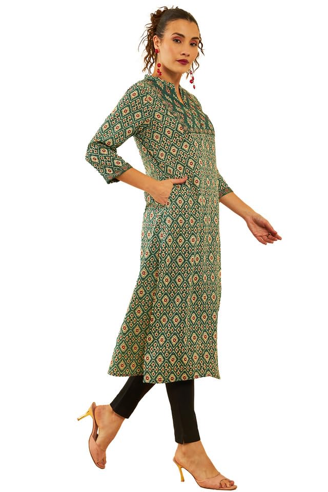 Soch Womens Green Cotton Ikat Printed Straight Kurta With Mirror Work