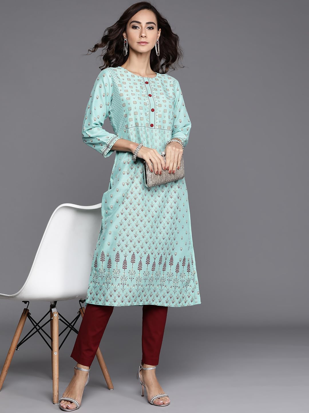 Libas Blue Printed Chanderi Silk Straight Kurta