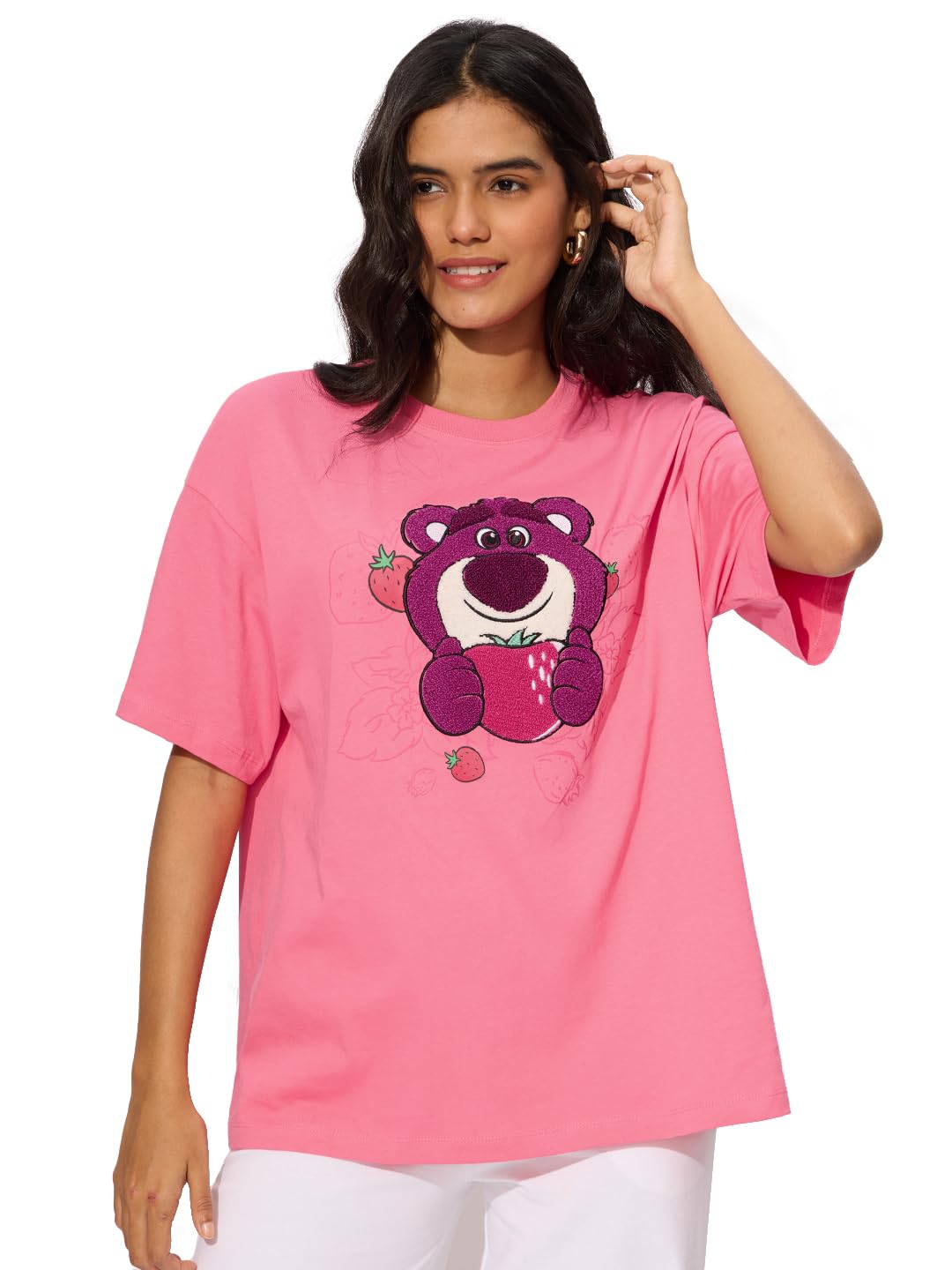 The Souled Store Official Toy Story: Lotso Love Women and Girls Short Sleeves Round Neck Embroidered Cotton Oversized T-Shirts P