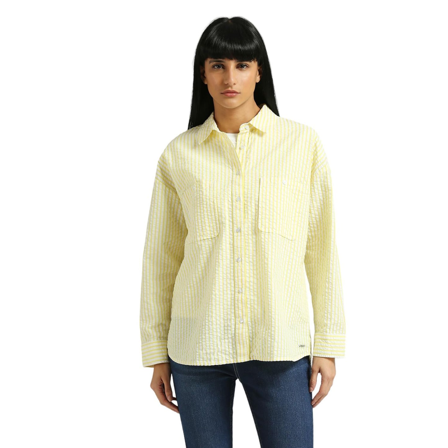 Pepe Jeans Women Cotton Striped Oversized Fit Shirt (Pl304908_Cornish Yellow, Medium)