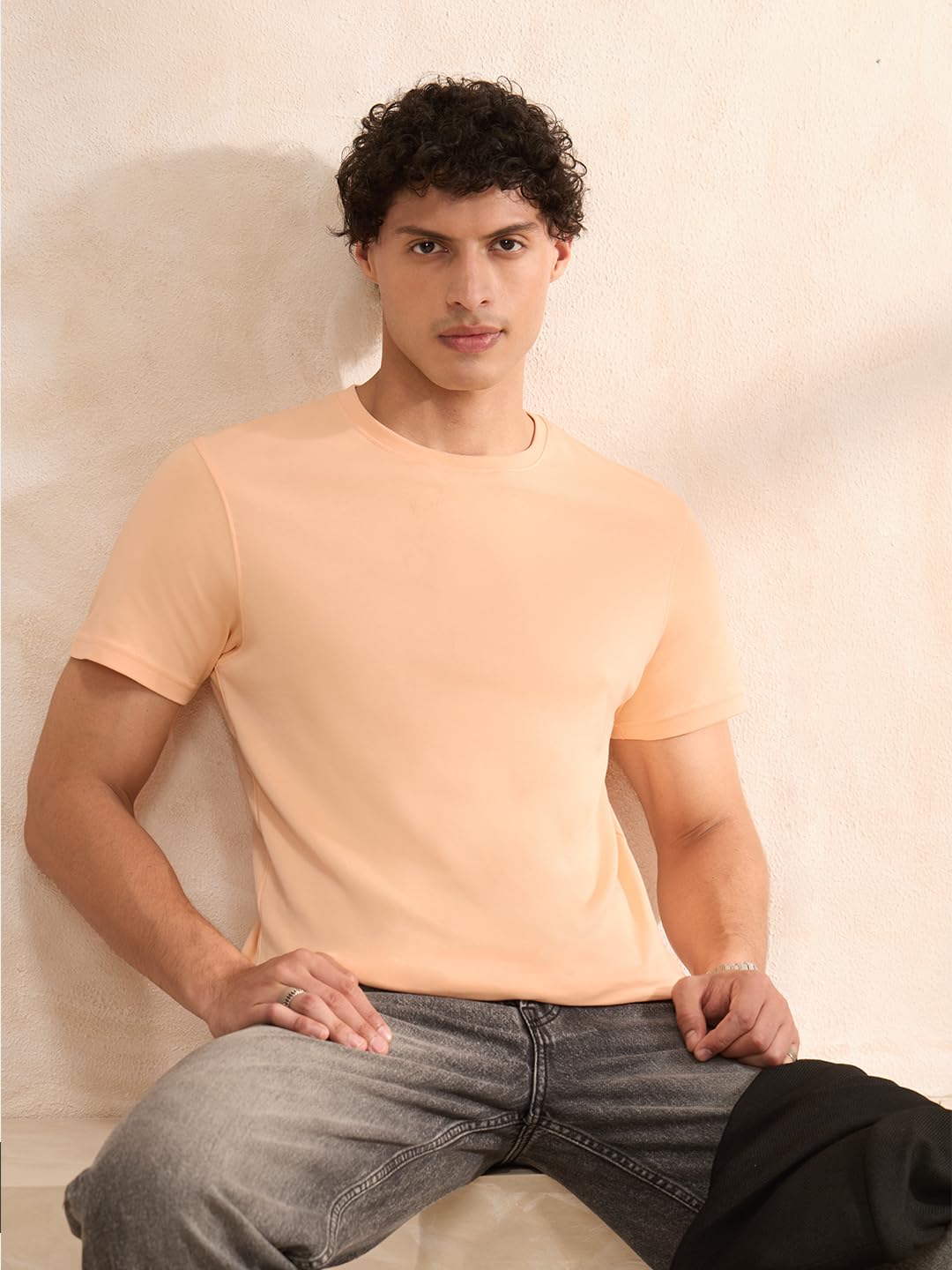 The Souled Store Peach Men and Boys Short Sleeve Round Neck Solids Regular Fit Cotton Supima T-Shirts
