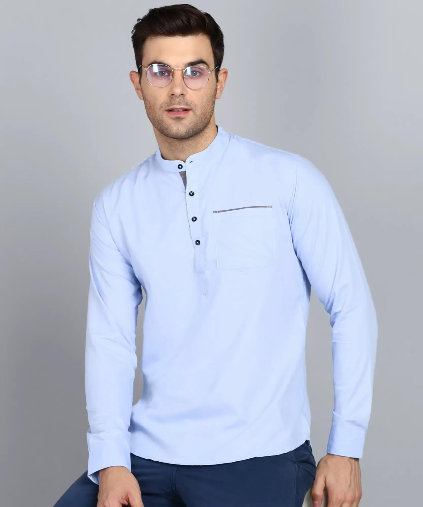 Deelmo MenS Regular Fit Solid Pattern Cotton Blend Kurta With Spread Collar Long Sleeve And Standard Length | Shirt For Man Sky